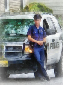 Policeman by Patrol Car by Susan Savad