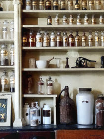 Mortar and Pestle and Bottles on Shelves by Susan Savad