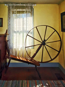 Large Spinning Wheel Near Lace Curtain by Susan Savad