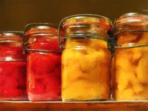 Canning Jars of Tomatoes and Peaches by Susan Savad