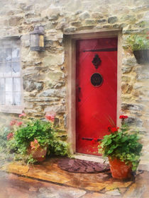 Geraniums by Red Door by Susan Savad