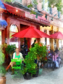 Hoboken NJ - Outdoor Cafe With Red Umbrellas by Susan Savad