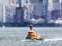 Yellow and Red Tugboat By Manhattan Skyline by Susan Savad