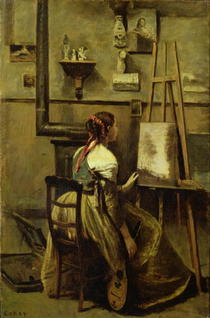 The Studio of Corot, or Young woman seated before an Easel von Jean Baptiste Camille Corot