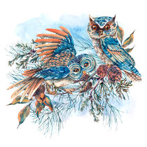 Watercolor Illustration with owls by Varvara Kurakina