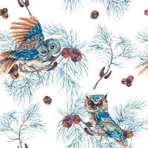 Winter Watercolor Christmas Seamless Pattern with Owls, Tree Branches, Fir Cones and Leaves by Varvara Kurakina