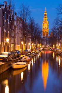 Church and a canal in Amsterdam at night by Sara Winter