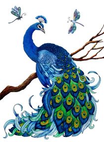 Blue Peacock with Dragonflies by Sandra Gale