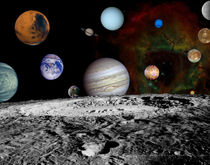 Montage of the planets and Jupiter's moons. by Stocktrek Images