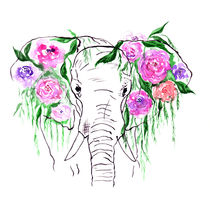 Elephants, watercolor elephant, elephant with flowers by Luba Ost