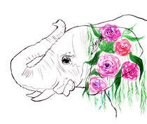 Elephant, watercolor elephant, elephant with roses, pink roses von Luba Ost