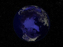 Full Earth at night centered on the North Pole. by Stocktrek Images
