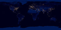 Flat map of Earth at night showing city lights. von Stocktrek Images