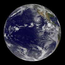 Full Earth showing various tropical storms. by Stocktrek Images