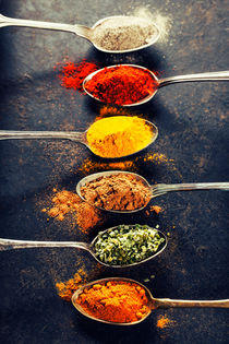 Colorful spices in metal spoons  von Natalia Klenova