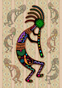 Kokopelli Rainbow Colors on Tribal Pattern  von bluedarkart-lem