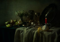 Still life with metal dishes, fruits and fresh flowers by Jarek Blaminsky
