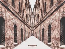 walkway in the middle of the brown brick buildings by timla