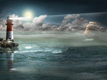 Segelboot und Leuchtturm unter Beleuchtung  von Monika Juengling