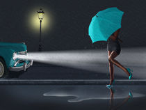 Rainy Day, die Frau unter einem grünen Regenschirm von Monika Juengling