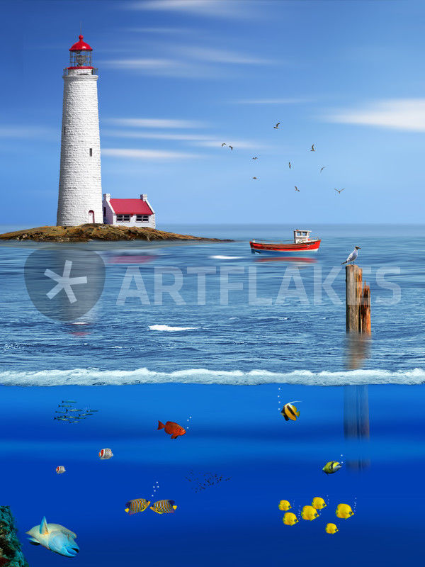 Illustration artistiques, Leuchtturm Meer Strand Poster Maritim Kunstdruck