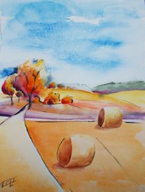 Erntezeit, Herbst, Stroh, Indian Summer, Landschaft, Malerei, Aquarell by Theodor Fischer