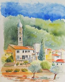 Montegrazie, Ligurien, Dorf, Italien, Aquarell by Theodor Fischer