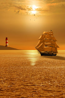 Goldene Abendstimmung auf dem Meer mit Segelschiff by Monika Juengling