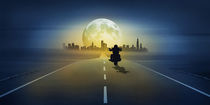 Biker on the road in the night by Monika Juengling