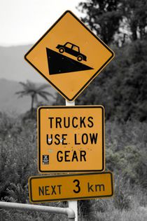 Road sign 'trucks use low gear' -New Zealand by stephiii