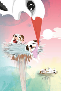 Kinderposter Storchennest mit Babyhunden/ children's poster storknest with puppies von sucre-fineart