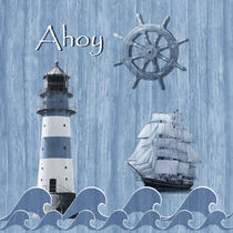 Ahoy - Maritime Blue mit Leuchtturm und Segelschiff von Monika Juengling