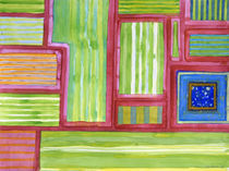 Green Striped Fields with Blue Square  by Heidi  Capitaine