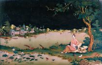 Japanese mirror painting showing a girl seated von Japanese School