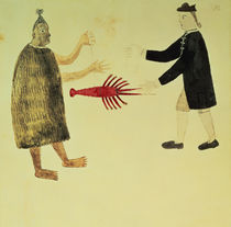 A Maori bartering a crayfish with an English naval officer by English School