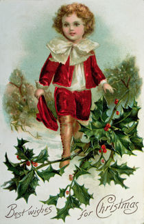 Victorian Christmas postcard depicting a boy in red in the snow by English School
