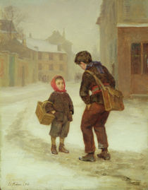 On the way to school in the snow by Pierre Edouard Frere