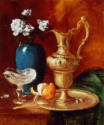 Still life of a gilt ewer, vase of flowers and a facon de Venise bowl by Antoine Vollon