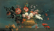 Flower piece with parrot by Jakob Bogdani or Bogdany
