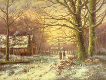 Figures on a path before a village in winter von Johannes Hermann Barend Koekkoek