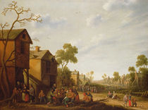 Village scene with peasants merrymaking by Joost Cornelisz