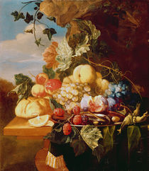 Still life with fruit and flowers by Arie de Vois