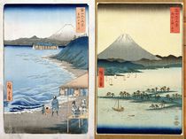 Mountains and coastline, two views from '36 Views of Mount Fuji' by Ando or Utagawa Hiroshige