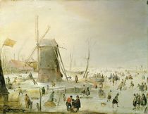 A winter scene with skaters by a windmill by Hendrik Avercamp