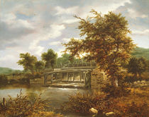 A wooded river landscape with a sluice gate by Jacob Isaaksz. or Isaacksz. van Ruisdael