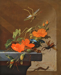 A Bouquet of Roses, Morning Glory and Hazelnuts with Grasshoppers by Elias van den Broeck