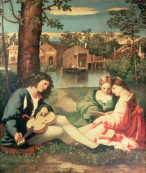 Youth with a guitar and two girls sitting on a river bank by Giorgione