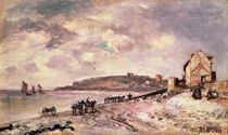Seascape with ponies on the beach by Johan-Barthold Jongkind