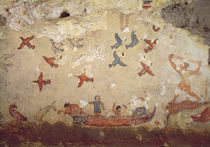 Fishermen in a boat and birds flying by Etruscan
