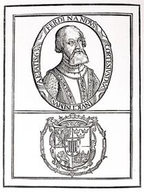 Portrait of Hernado Cortes and his arms von English School